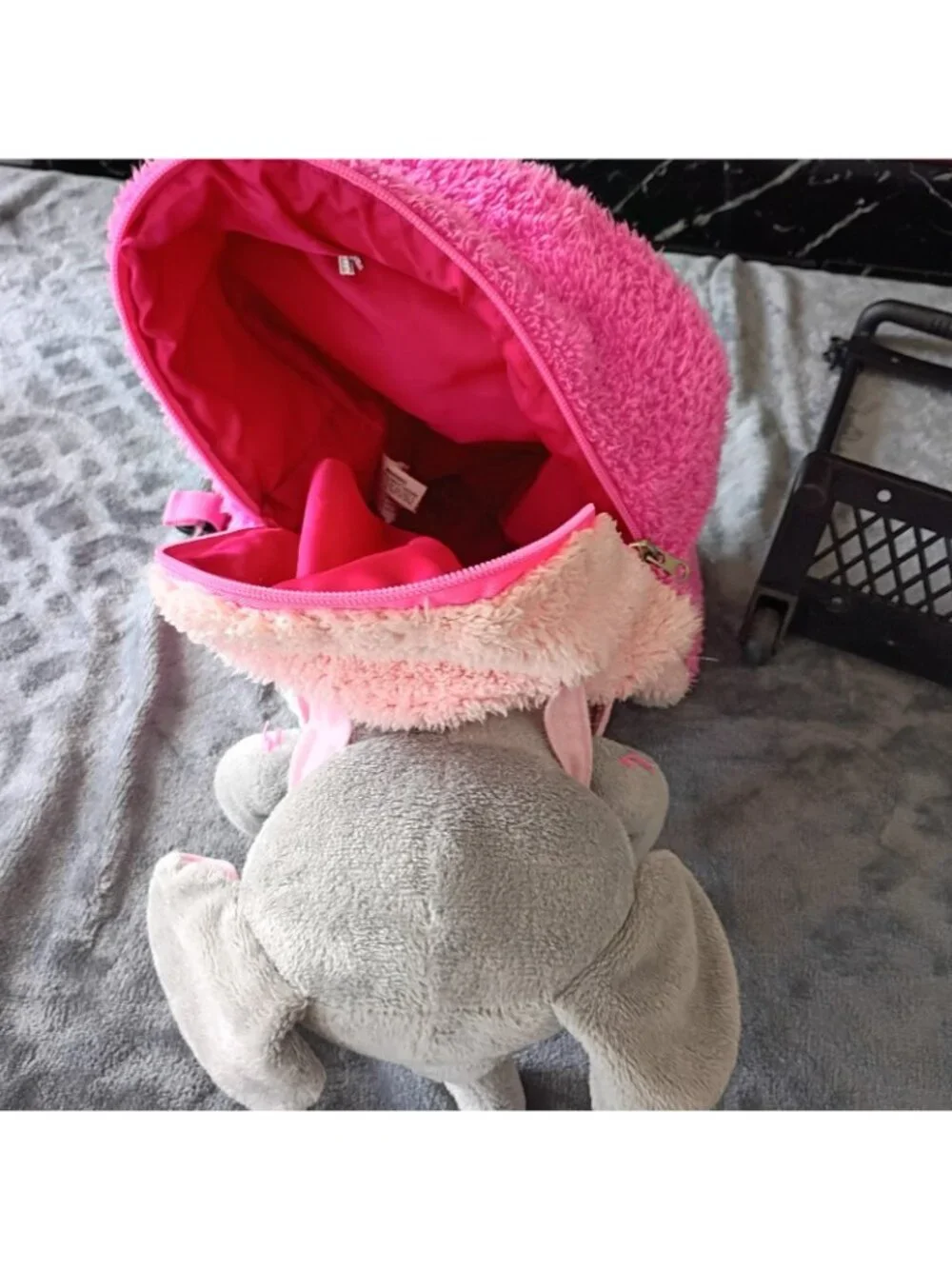 Back Pack Fluffy Pink With Plush Elephant